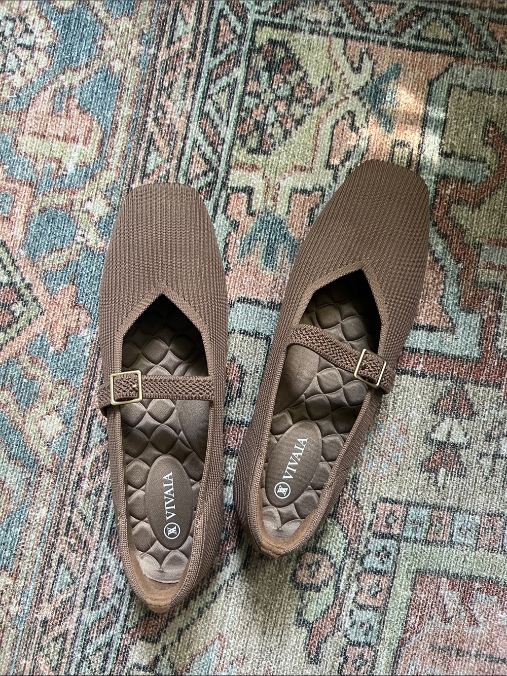 Vivaia Brown Knit Mary Jane Flats with Adjustable Buckle